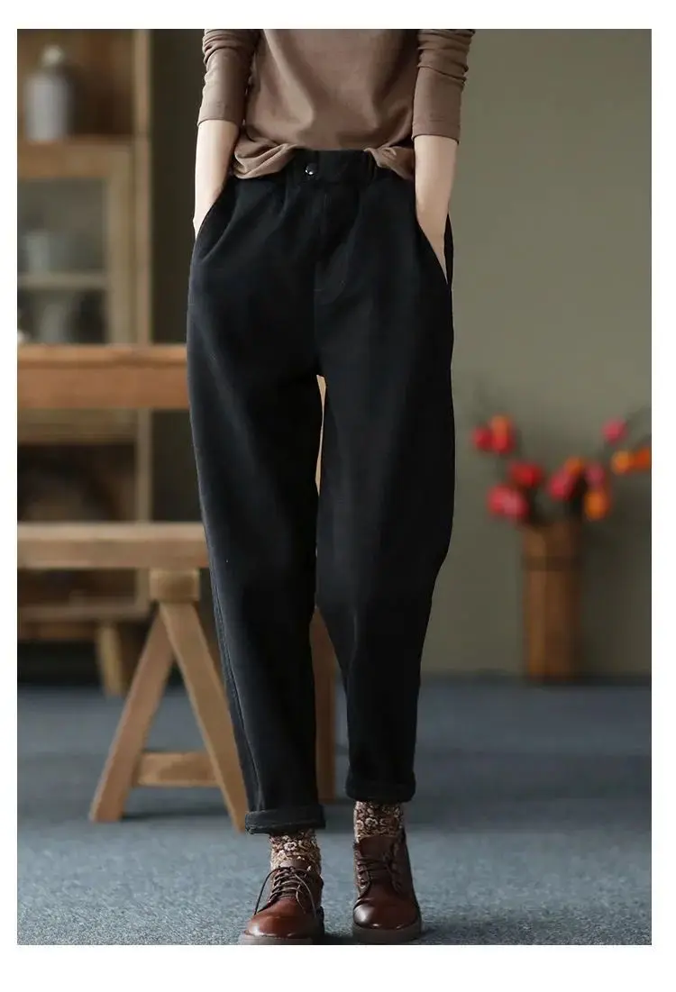 Autumn Winter Warm Cotton Thick Haren Pants For women Elastic waist with plush Casual Pants Solid color Loose Student Trousers