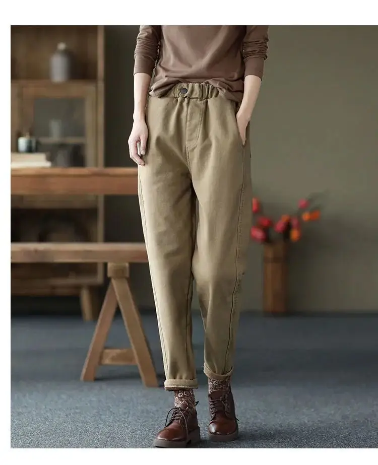 Autumn Winter Warm Cotton Thick Haren Pants For women Elastic waist with plush Casual Pants Solid color Loose Student Trousers