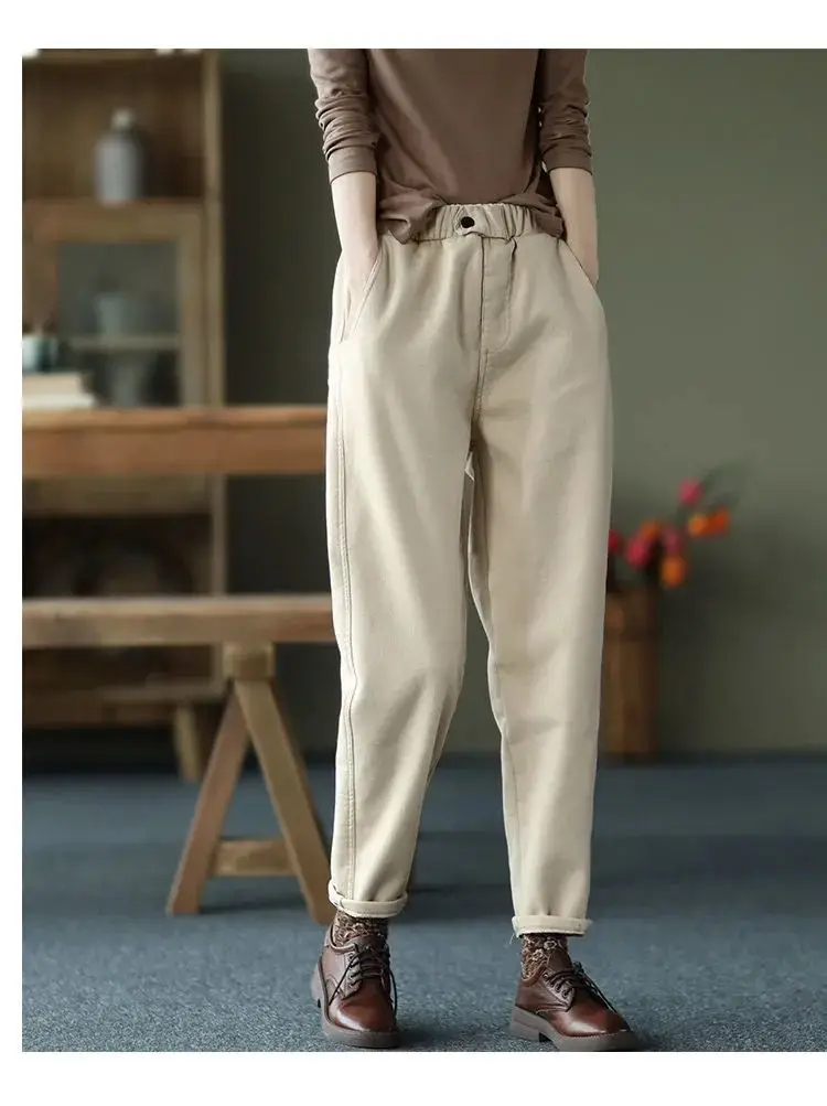 Autumn Winter Warm Cotton Thick Haren Pants For women Elastic waist with plush Casual Pants Solid color Loose Student Trousers