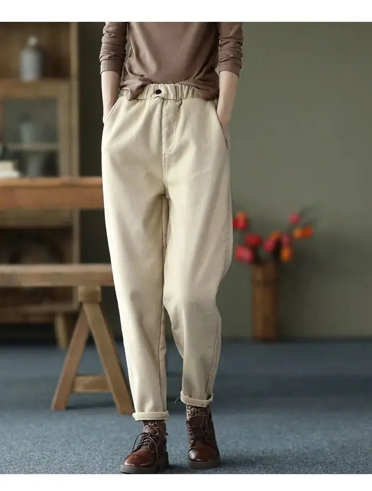 Autumn Winter Warm Cotton Thick Haren Pants For women Elastic waist with plush Casual Pants Solid color Loose Student Trousers