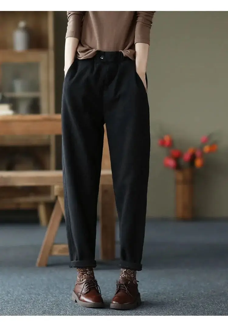 Autumn Winter Warm Cotton Thick Haren Pants For women Elastic waist with plush Casual Pants Solid color Loose Student Trousers