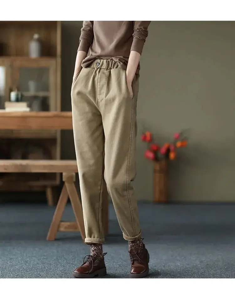 Autumn Winter Warm Cotton Thick Haren Pants For women Elastic waist with plush Casual Pants Solid color Loose Student Trousers