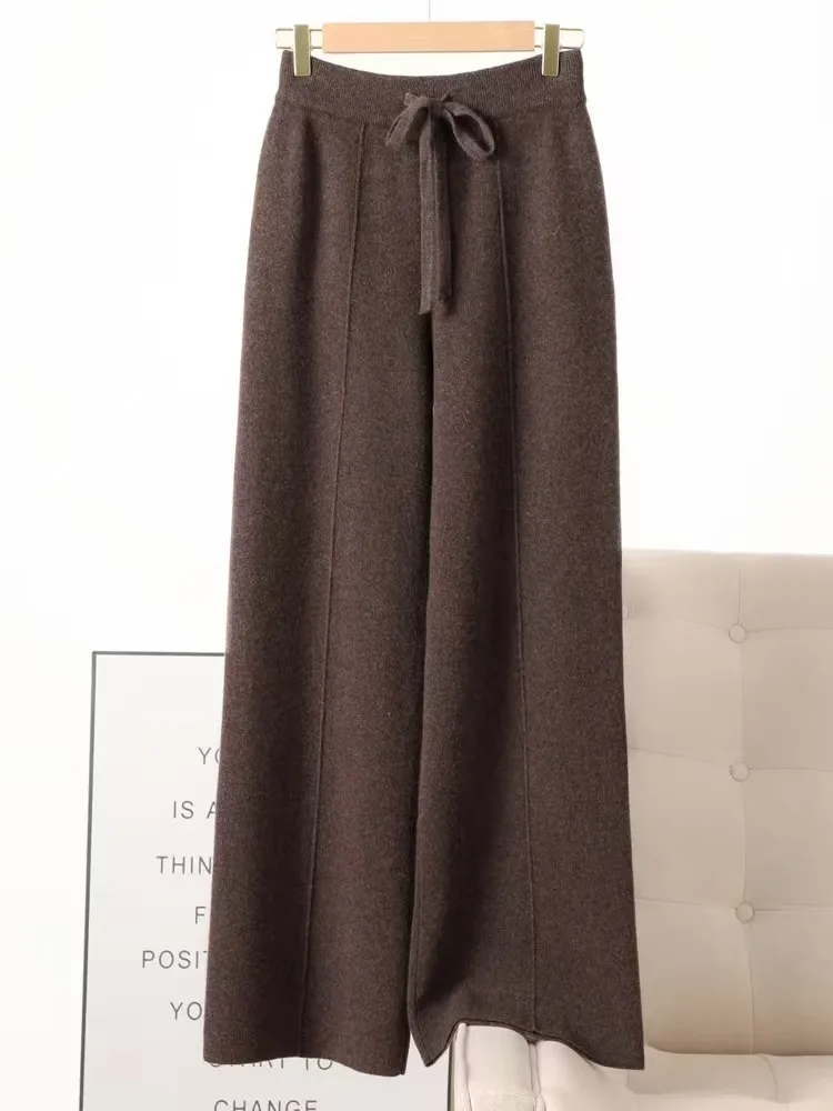 Autumn Winter Women 100% Merino Wool Wide Leg Pants Female Elastic Waist Pants New Casual Soft Warm Knit Fashion Trousers