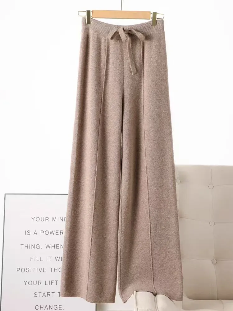 Autumn Winter Women 100% Merino Wool Wide Leg Pants Female Elastic Waist Pants New Casual Soft Warm Knit Fashion Trousers
