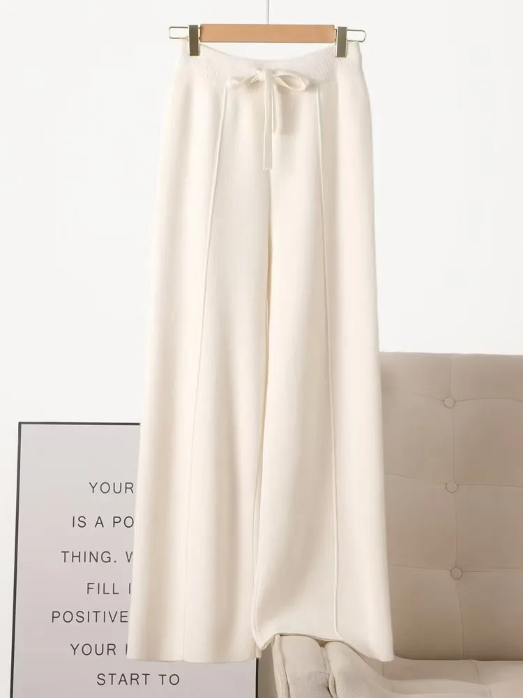 Autumn Winter Women 100% Merino Wool Wide Leg Pants Female Elastic Waist Pants New Casual Soft Warm Knit Fashion Trousers