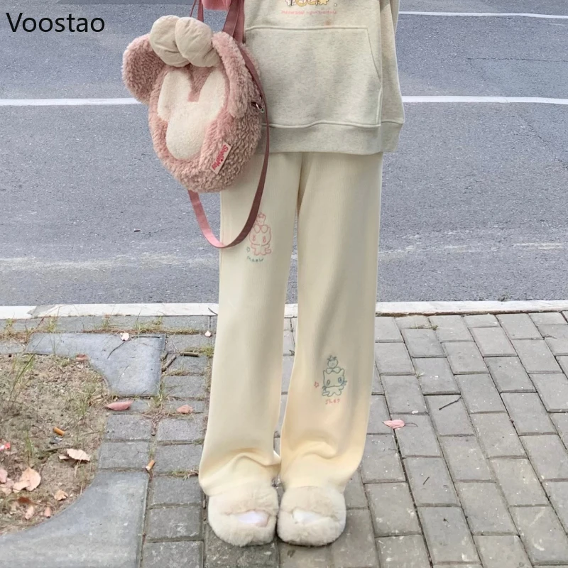 Sweet Lolita Style Corduroy Pants Women Kawaii Strawberry Cat Embroidery Chic Wide Leg Pants High Waist Sweatpants Cute Trousers