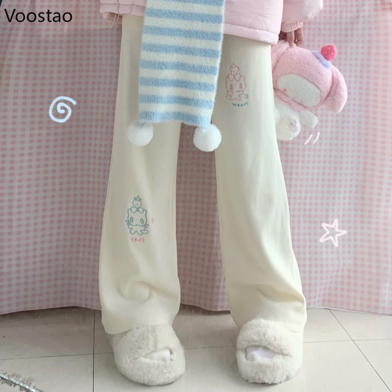 Sweet Lolita Style Corduroy Pants Women Kawaii Strawberry Cat Embroidery Chic Wide Leg Pants High Waist Sweatpants Cute Trousers