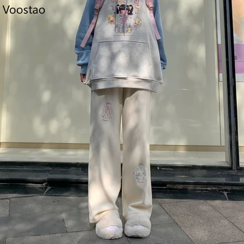 Sweet Lolita Style Corduroy Pants Women Kawaii Strawberry Cat Embroidery Chic Wide Leg Pants High Waist Sweatpants Cute Trousers