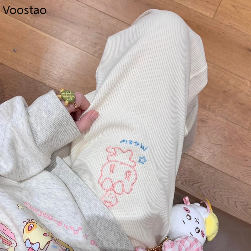 Sweet Lolita Style Corduroy Pants Women Kawaii Strawberry Cat Embroidery Chic Wide Leg Pants High Waist Sweatpants Cute Trousers