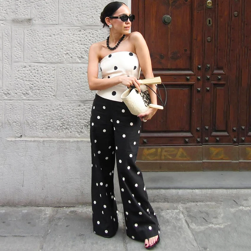 Linad Casual Polka Dot Loose Long Pants Women 2026 Street Chic High Waist Zipper Wide Leg Pants Spring Vintage Trousers Female