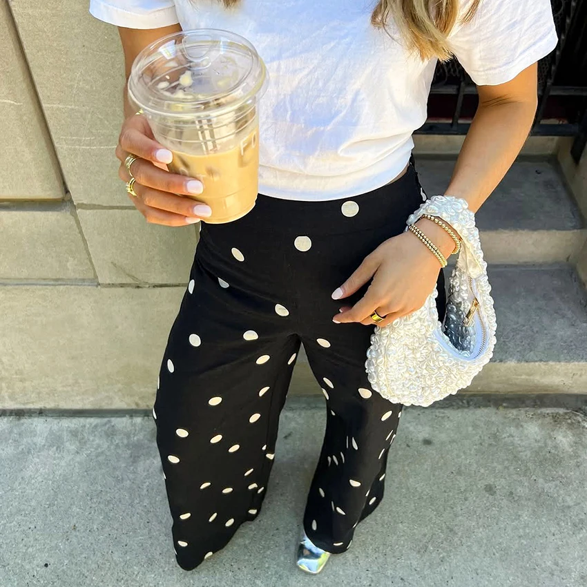Linad Casual Polka Dot Loose Long Pants Women 2026 Street Chic High Waist Zipper Wide Leg Pants Spring Vintage Trousers Female