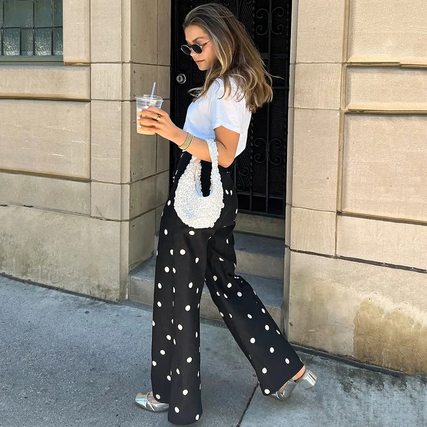 Linad Casual Polka Dot Loose Long Pants Women 2026 Street Chic High Waist Zipper Wide Leg Pants Spring Vintage Trousers Female