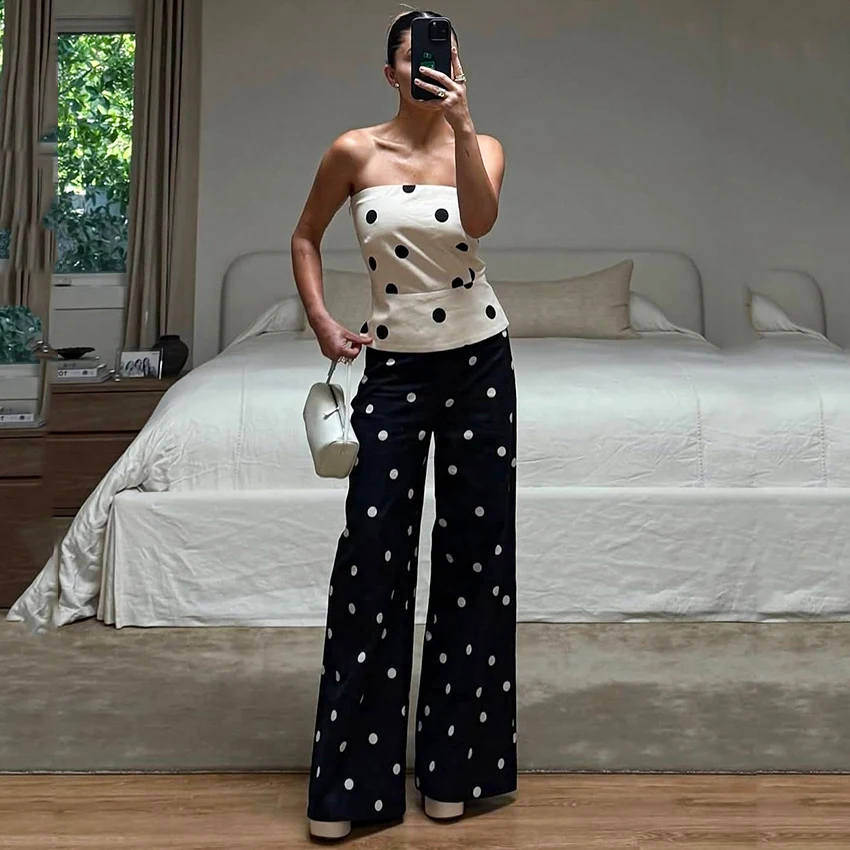 Linad Casual Polka Dot Loose Long Pants Women 2026 Street Chic High Waist Zipper Wide Leg Pants Spring Vintage Trousers Female