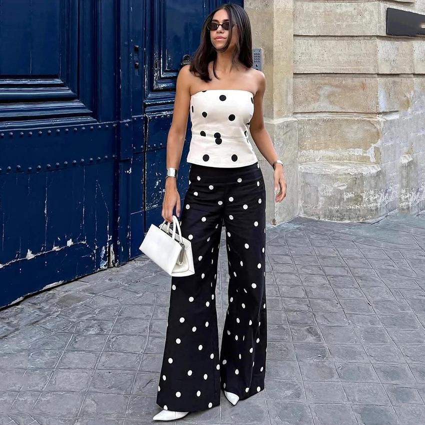 Linad Casual Polka Dot Loose Long Pants Women 2026 Street Chic High Waist Zipper Wide Leg Pants Spring Vintage Trousers Female