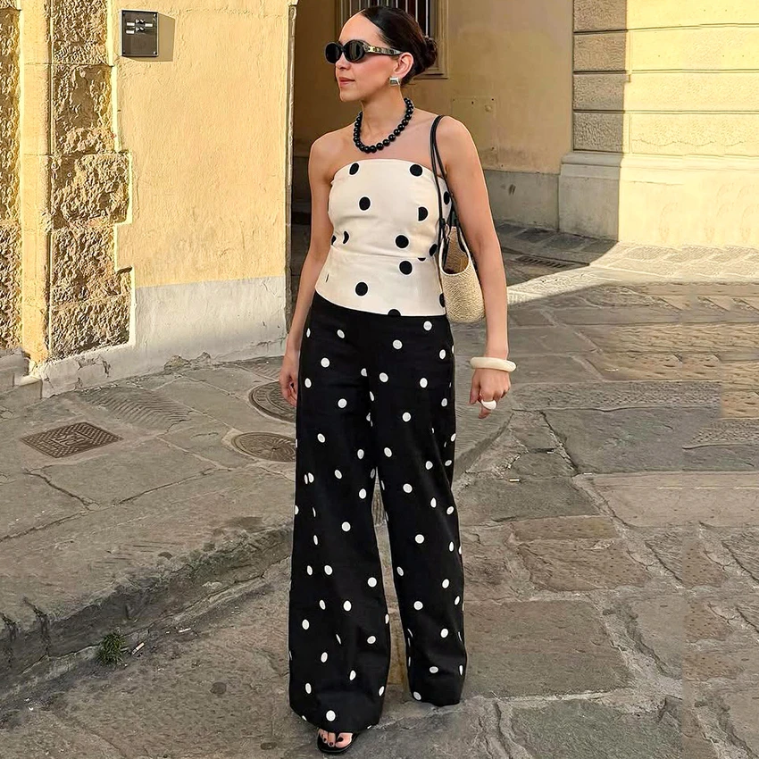 Linad Casual Polka Dot Loose Long Pants Women 2026 Street Chic High Waist Zipper Wide Leg Pants Spring Vintage Trousers Female
