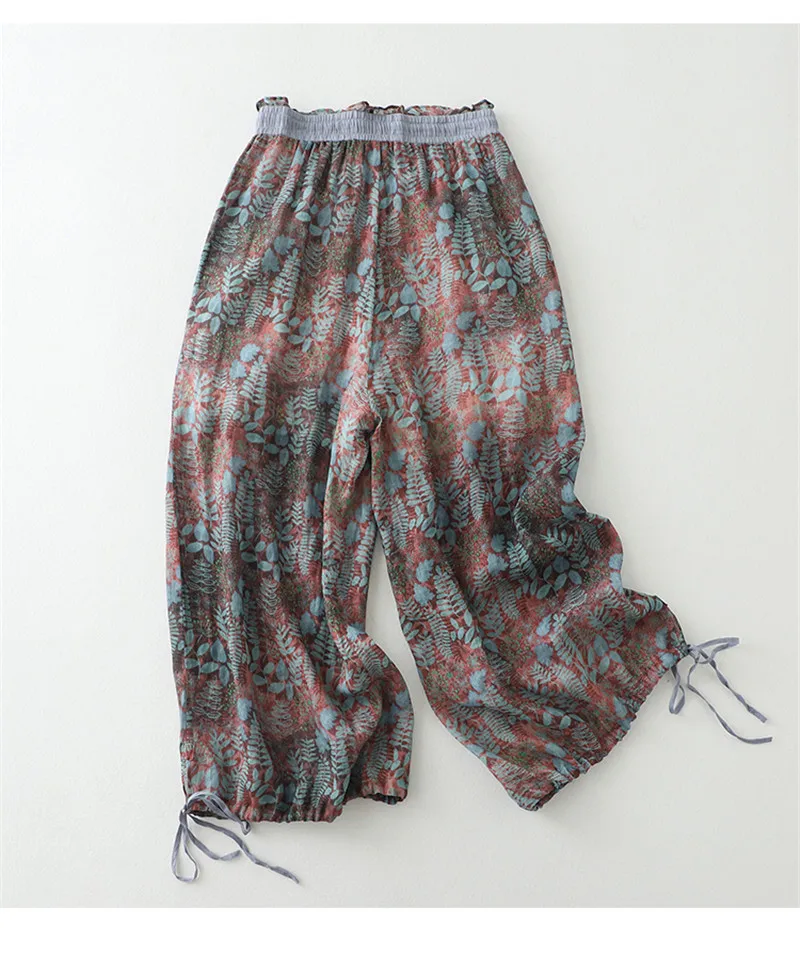 Limiguyue Vintage Floral Print Thin Ramie Pants Women Summer Elastic Waist Ankle-Length Trousers Loose Wide Legs Pants E478