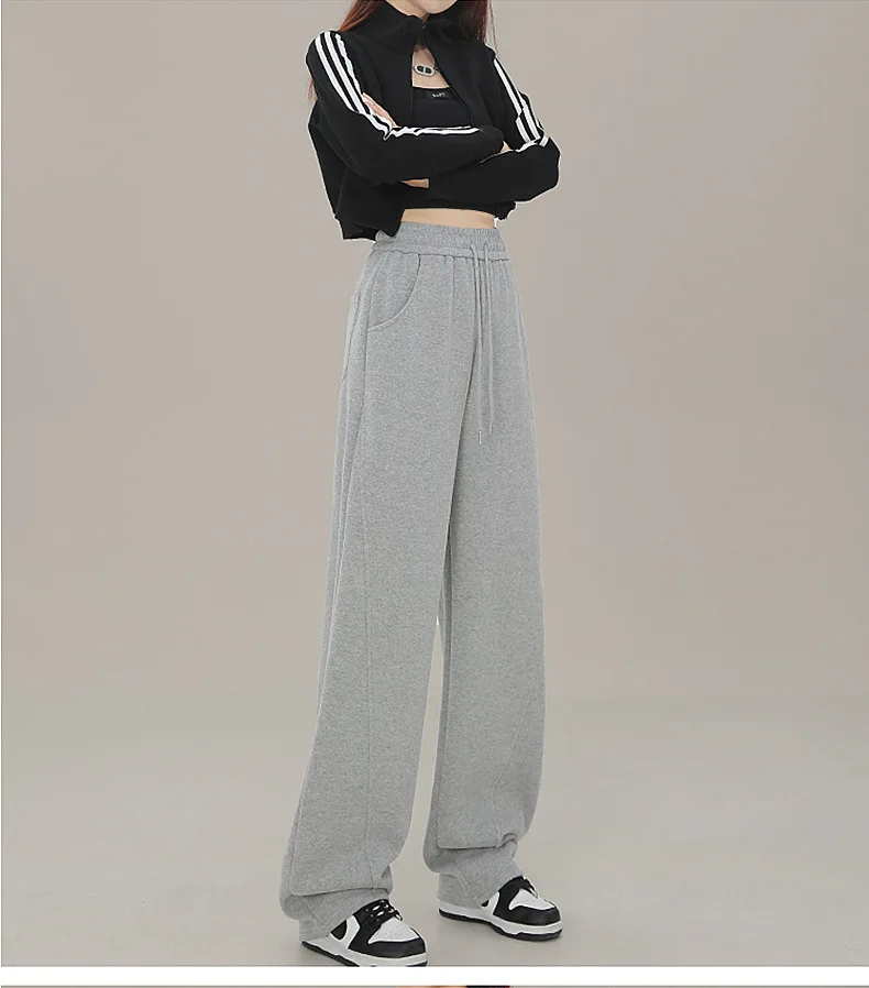 BIVIGAOS New American Style Sports Pants Women Autumn Winter High Waist Straight Wide Leg Pants Cotton Casual Gray Sweatpants