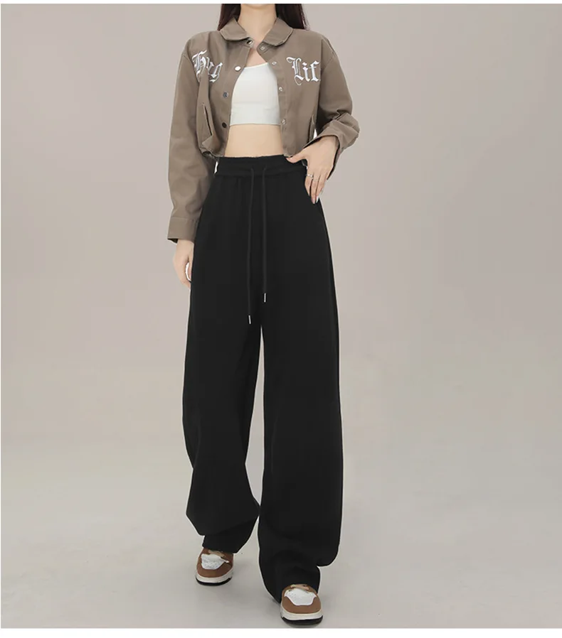 BIVIGAOS New American Style Sports Pants Women Autumn Winter High Waist Straight Wide Leg Pants Cotton Casual Gray Sweatpants