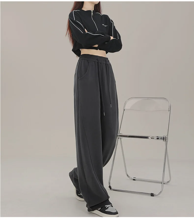 BIVIGAOS New American Style Sports Pants Women Autumn Winter High Waist Straight Wide Leg Pants Cotton Casual Gray Sweatpants