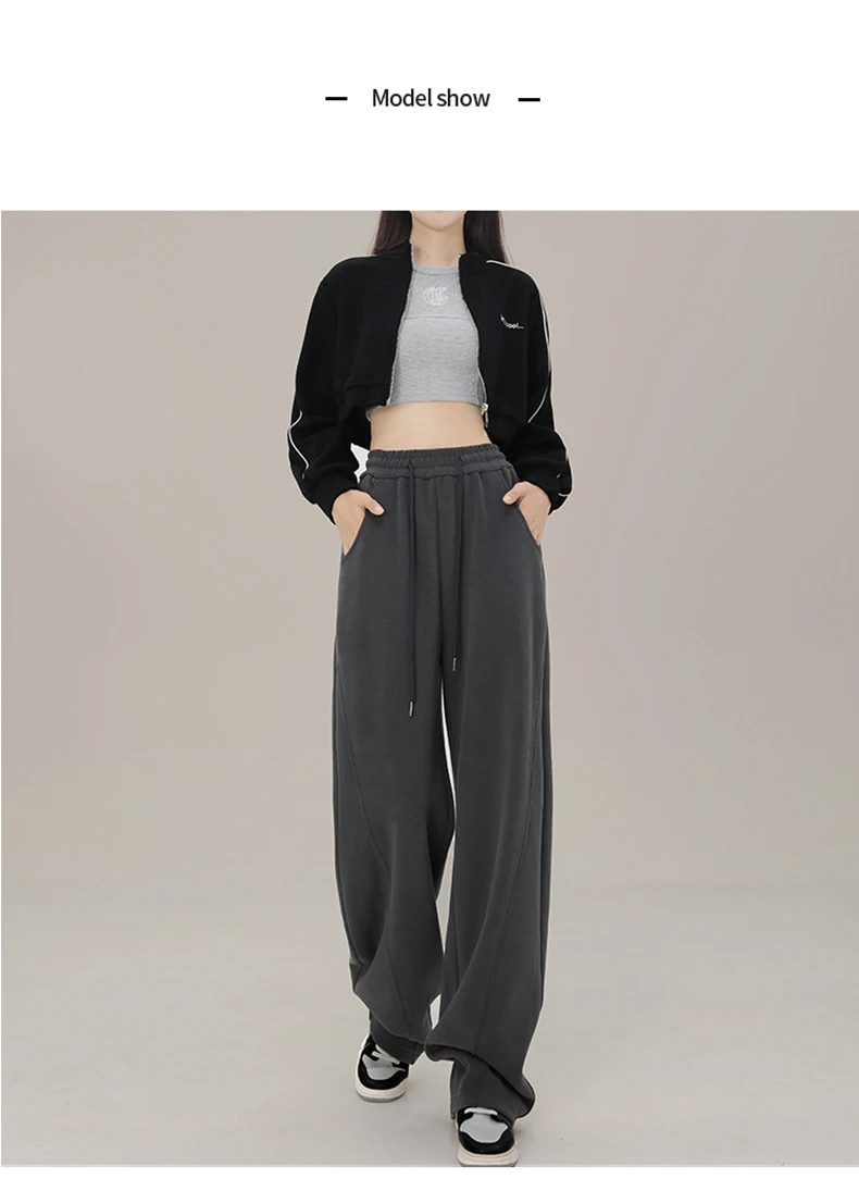 BIVIGAOS New American Style Sports Pants Women Autumn Winter High Waist Straight Wide Leg Pants Cotton Casual Gray Sweatpants