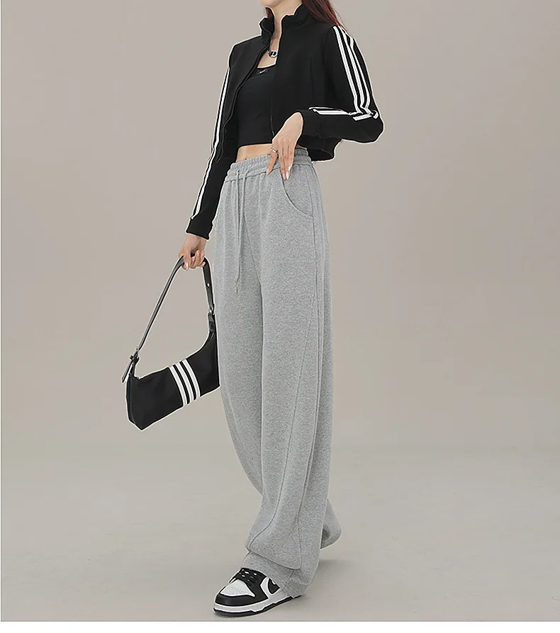 BIVIGAOS New American Style Sports Pants Women Autumn Winter High Waist Straight Wide Leg Pants Cotton Casual Gray Sweatpants