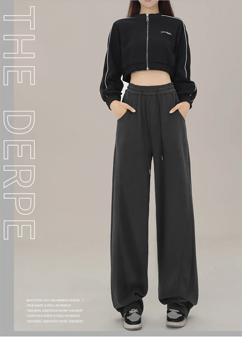 BIVIGAOS New American Style Sports Pants Women Autumn Winter High Waist Straight Wide Leg Pants Cotton Casual Gray Sweatpants