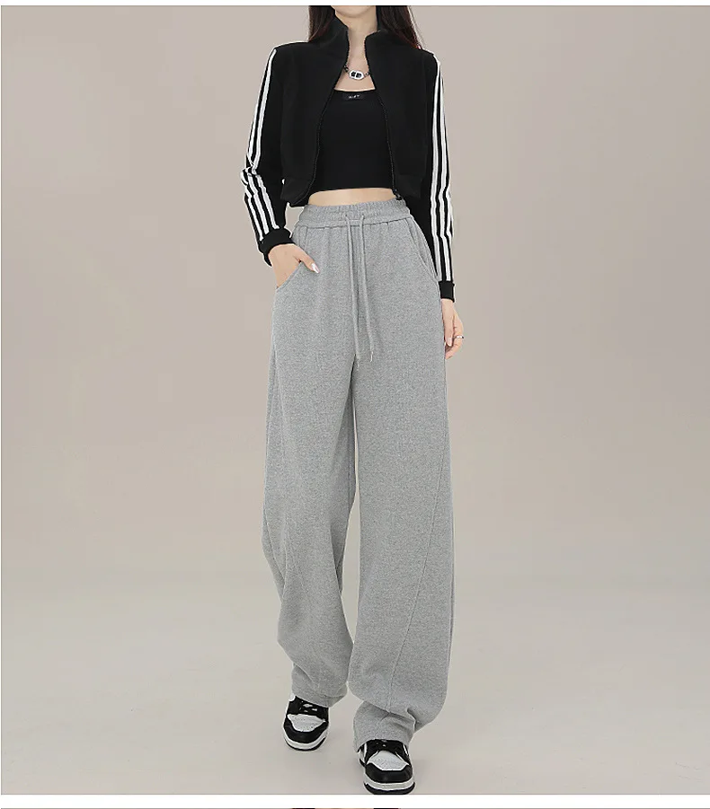 BIVIGAOS New American Style Sports Pants Women Autumn Winter High Waist Straight Wide Leg Pants Cotton Casual Gray Sweatpants