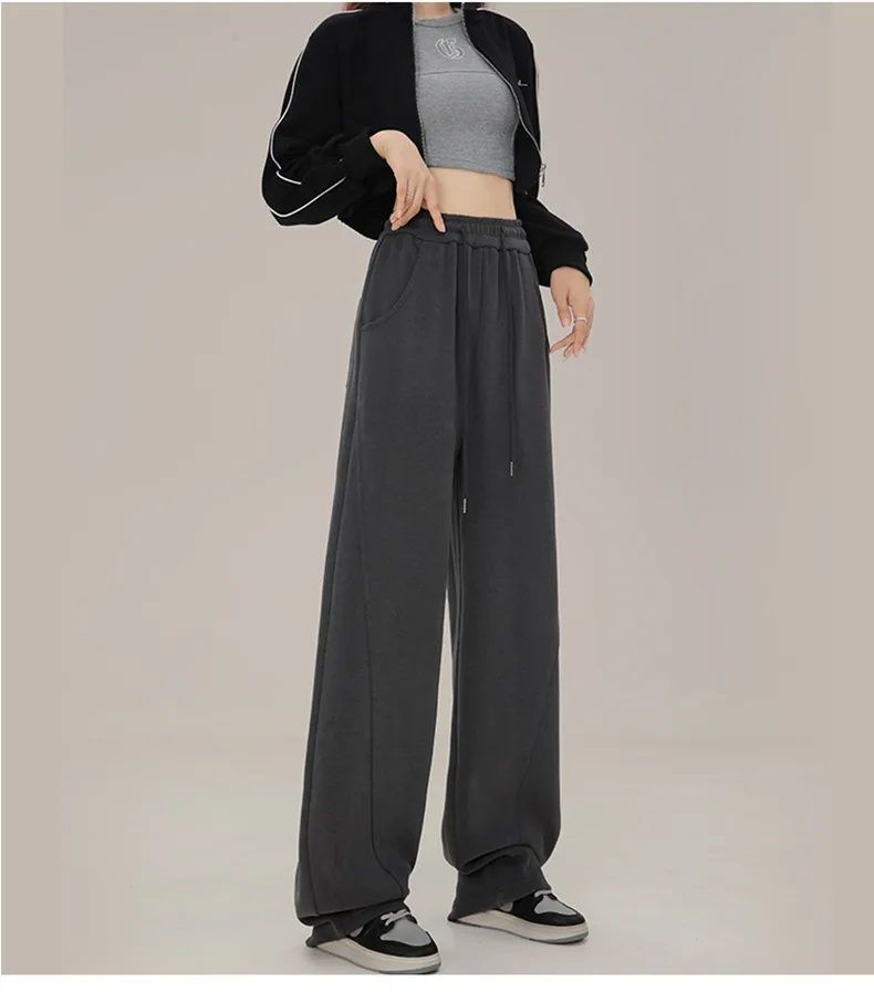 BIVIGAOS New American Style Sports Pants Women Autumn Winter High Waist Straight Wide Leg Pants Cotton Casual Gray Sweatpants