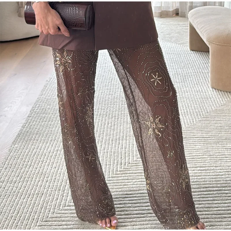 Brown Shiny Fashion See Through Street Trousers Summer Loose Beading Wide Leg Pants Women 2025 New Lady Mesh Outerwear