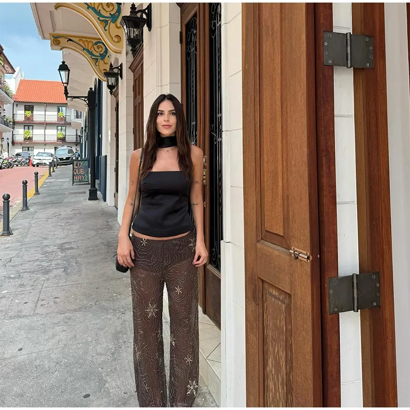 Brown Shiny Fashion See Through Street Trousers Summer Loose Beading Wide Leg Pants Women 2025 New Lady Mesh Outerwear