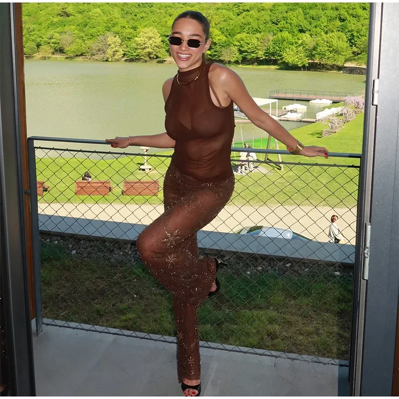 Brown Shiny Fashion See Through Street Trousers Summer Loose Beading Wide Leg Pants Women 2025 New Lady Mesh Outerwear