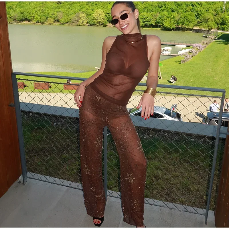 Brown Shiny Fashion See Through Street Trousers Summer Loose Beading Wide Leg Pants Women 2025 New Lady Mesh Outerwear