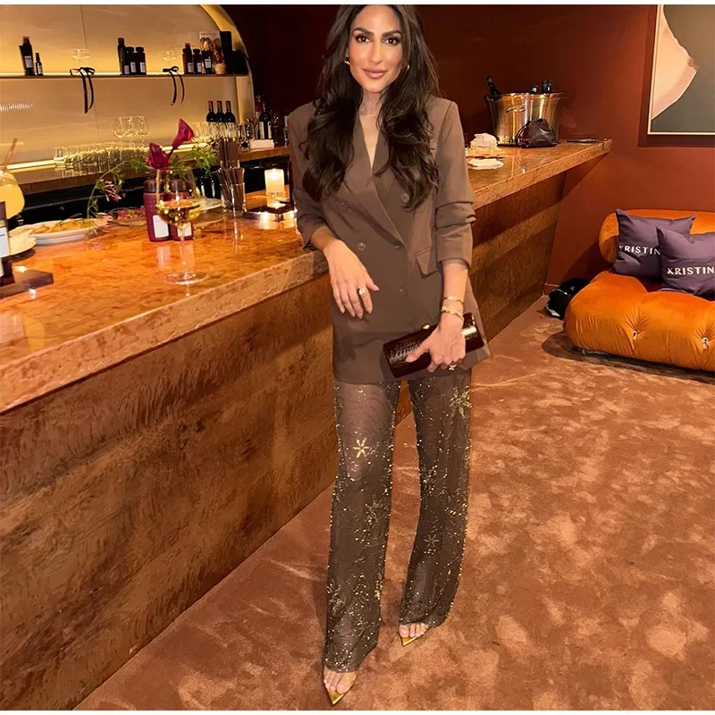 Brown Shiny Fashion See Through Street Trousers Summer Loose Beading Wide Leg Pants Women 2025 New Lady Mesh Outerwear