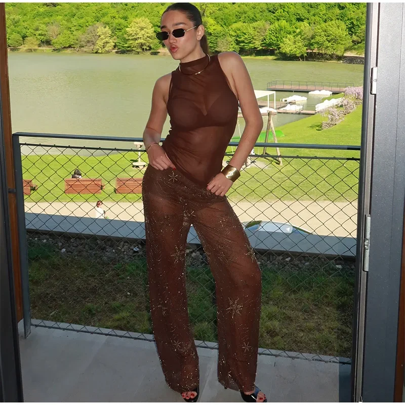 Brown Shiny Fashion See Through Street Trousers Summer Loose Beading Wide Leg Pants Women 2025 New Lady Mesh Outerwear