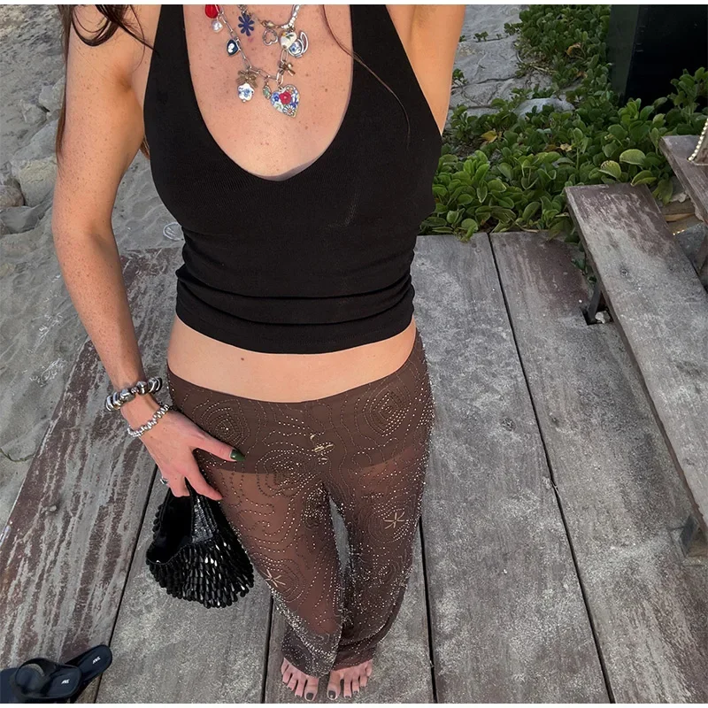 Brown Shiny Fashion See Through Street Trousers Summer Loose Beading Wide Leg Pants Women 2025 New Lady Mesh Outerwear