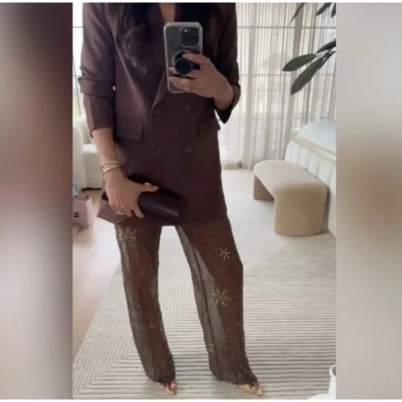 Brown Shiny Fashion See Through Street Trousers Summer Loose Beading Wide Leg Pants Women 2025 New Lady Mesh Outerwear