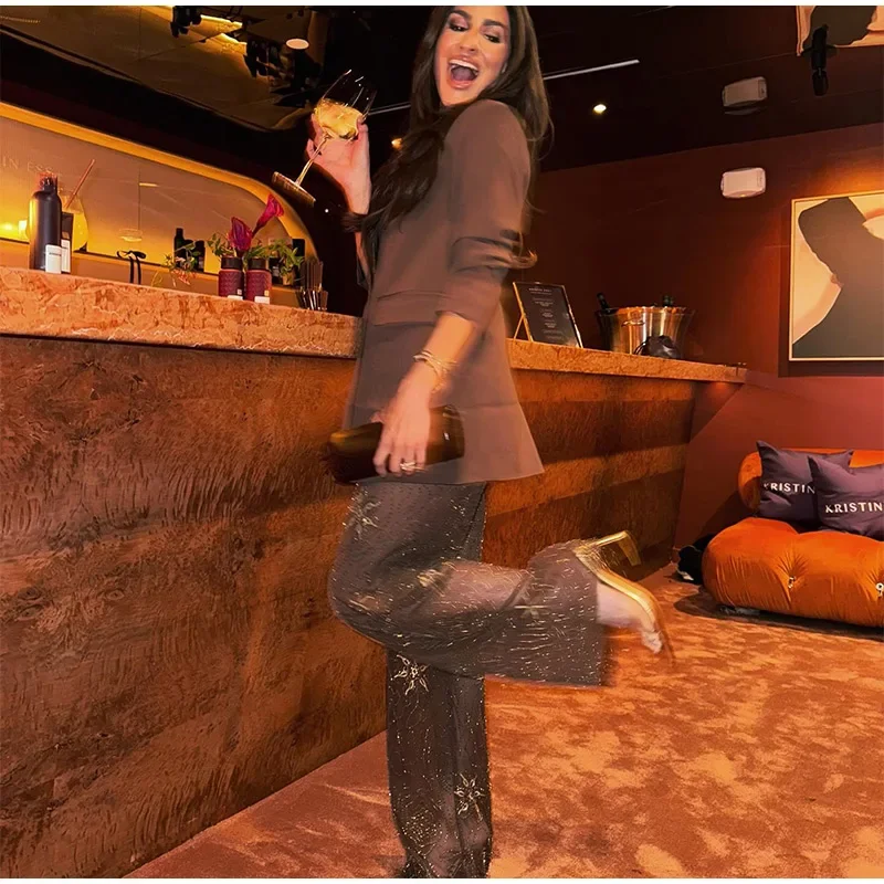 Brown Shiny Fashion See Through Street Trousers Summer Loose Beading Wide Leg Pants Women 2025 New Lady Mesh Outerwear