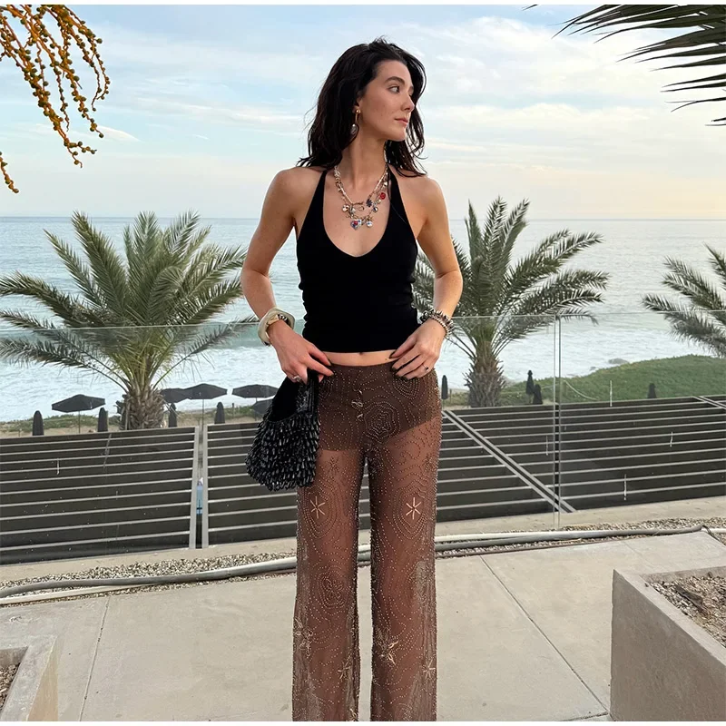 Brown Shiny Fashion See Through Street Trousers Summer Loose Beading Wide Leg Pants Women 2025 New Lady Mesh Outerwear