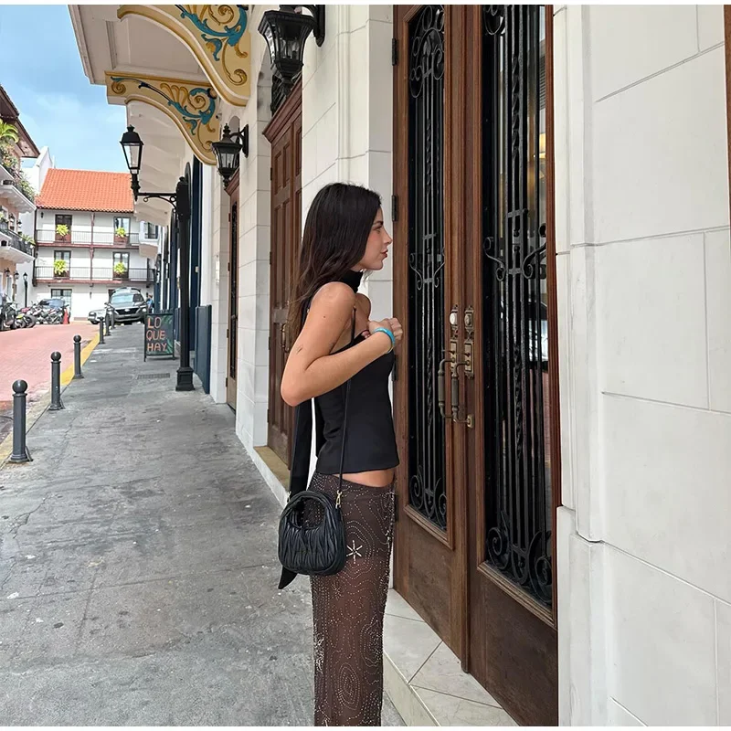 Brown Shiny Fashion See Through Street Trousers Summer Loose Beading Wide Leg Pants Women 2025 New Lady Mesh Outerwear
