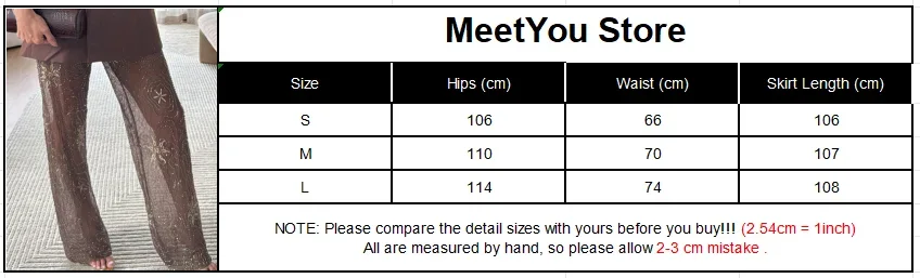 Brown Shiny Fashion See Through Street Trousers Summer Loose Beading Wide Leg Pants Women 2025 New Lady Mesh Outerwear