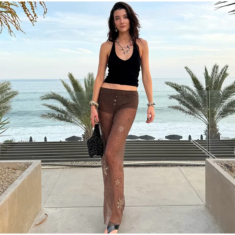 Brown Shiny Fashion See Through Street Trousers Summer Loose Beading Wide Leg Pants Women 2025 New Lady Mesh Outerwear