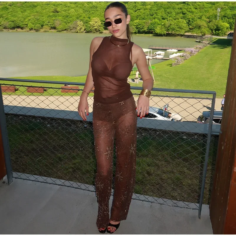 Brown Shiny Fashion See Through Street Trousers Summer Loose Beading Wide Leg Pants Women 2025 New Lady Mesh Outerwear
