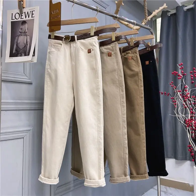 2025 Spring Autumn New High Waist Jeans Women's Fashion Loose Versatile Thicken Casual Pants Oversized Female Warm Trousers 4XL