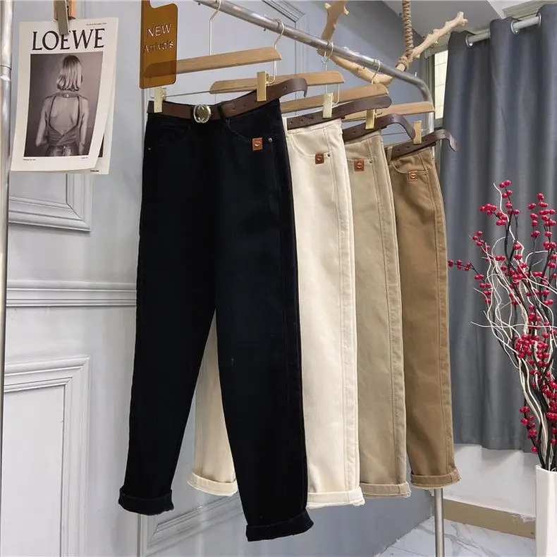 2025 Spring Autumn New High Waist Jeans Women's Fashion Loose Versatile Thicken Casual Pants Oversized Female Warm Trousers 4XL