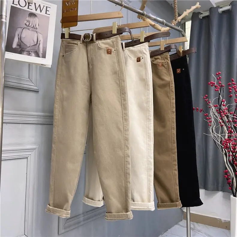 2025 Spring Autumn New High Waist Jeans Women's Fashion Loose Versatile Thicken Casual Pants Oversized Female Warm Trousers 4XL