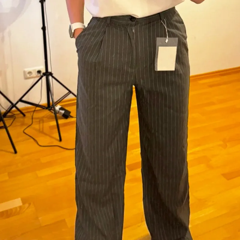 HXAO Striped Straight Pants 2024 Autumn Women's Elegant Pleated Long Pants Ladies Fashion Casual Office Beige Grey Black Pants