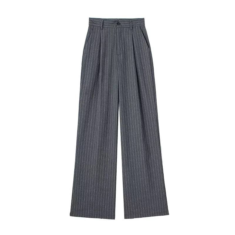 HXAO Striped Straight Pants 2024 Autumn Women's Elegant Pleated Long Pants Ladies Fashion Casual Office Beige Grey Black Pants