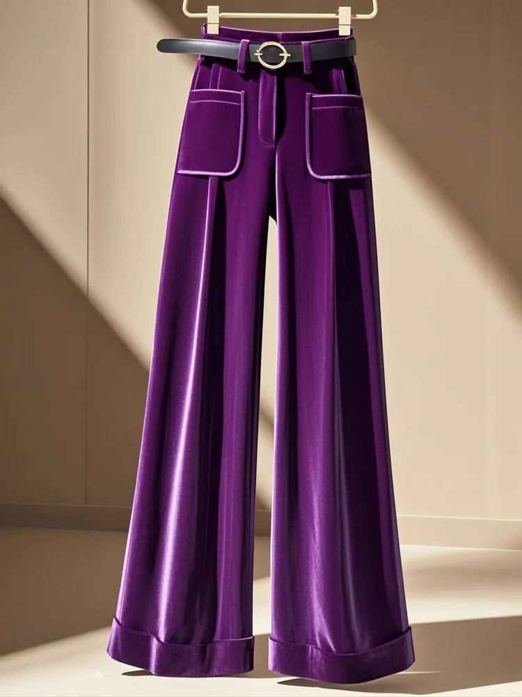 Limiguyue Purple Thicken Velvet Pants Women Warmful High Waist Autumn Winter Trousers Casual Ankle-Length Straight Pants 553A