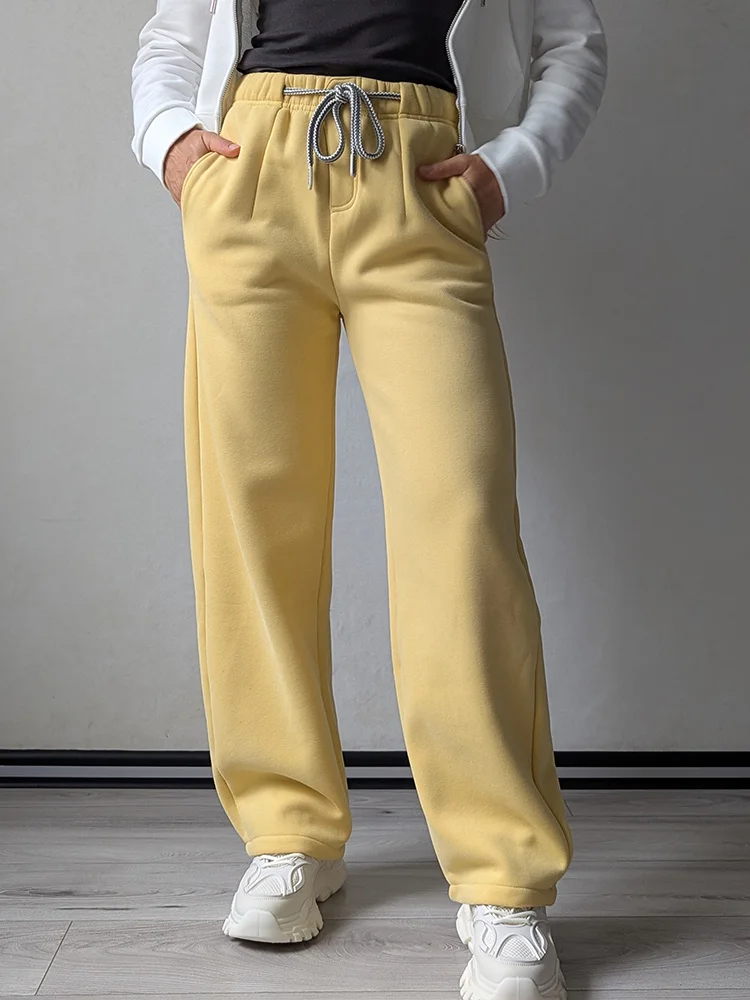 Streamgirl Warm Pants For Women Winter Brown Wide Leg Fleece Sweatpants Women Baggy Sport Winter Thick Velvet Warm Trousers