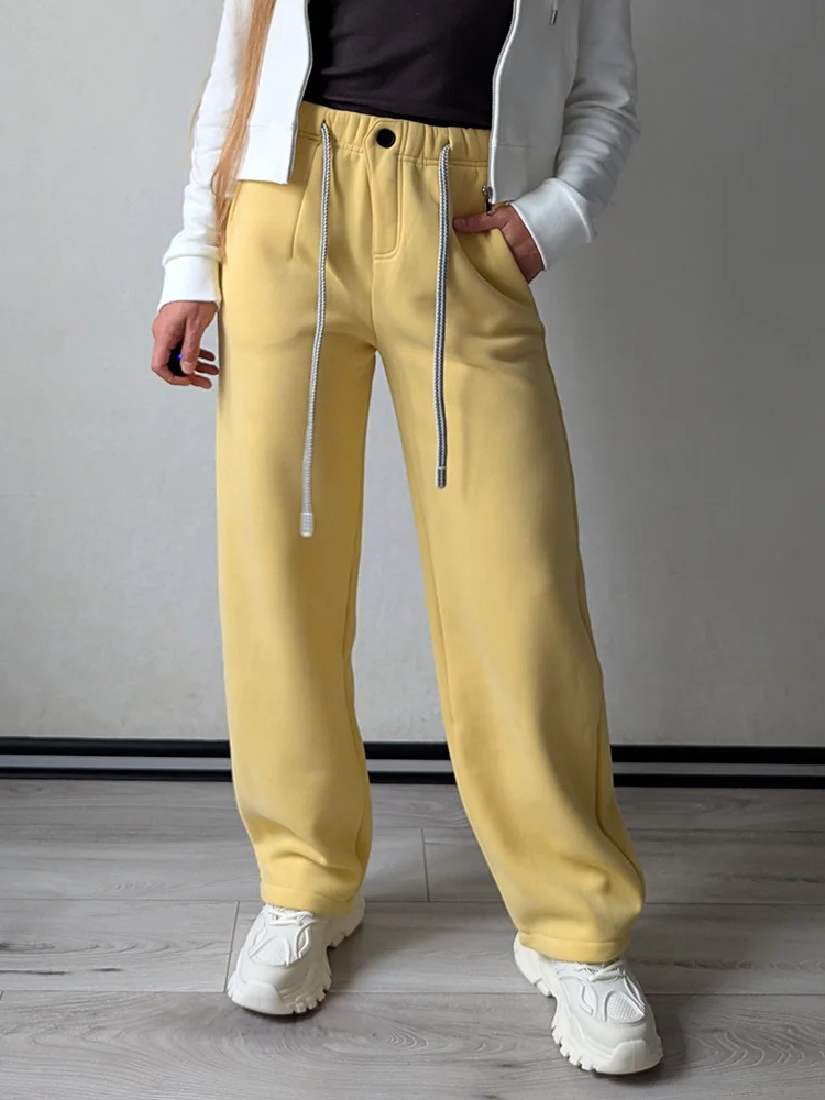 Streamgirl Warm Pants For Women Winter Brown Wide Leg Fleece Sweatpants Women Baggy Sport Winter Thick Velvet Warm Trousers